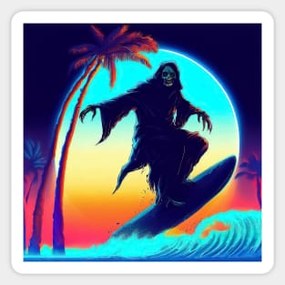 Spooky retro grim skeleton surfing on palm beach Sticker